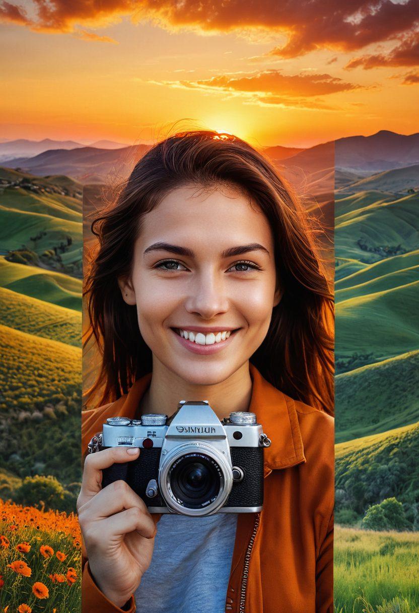 A captivating collage showcasing a variety of photography techniques. On one side, a detailed portrait of a smiling person, showcasing soft lighting and vibrant colors. On the other, a breathtaking landscape with rolling hills and a stunning sunset, emphasizing depth and contrast. In the center, a camera and photography gear symbolizing creativity. Include a gradient background that transitions from a warm tone to a cool tone. super-realistic. vibrant colors. high contrast.