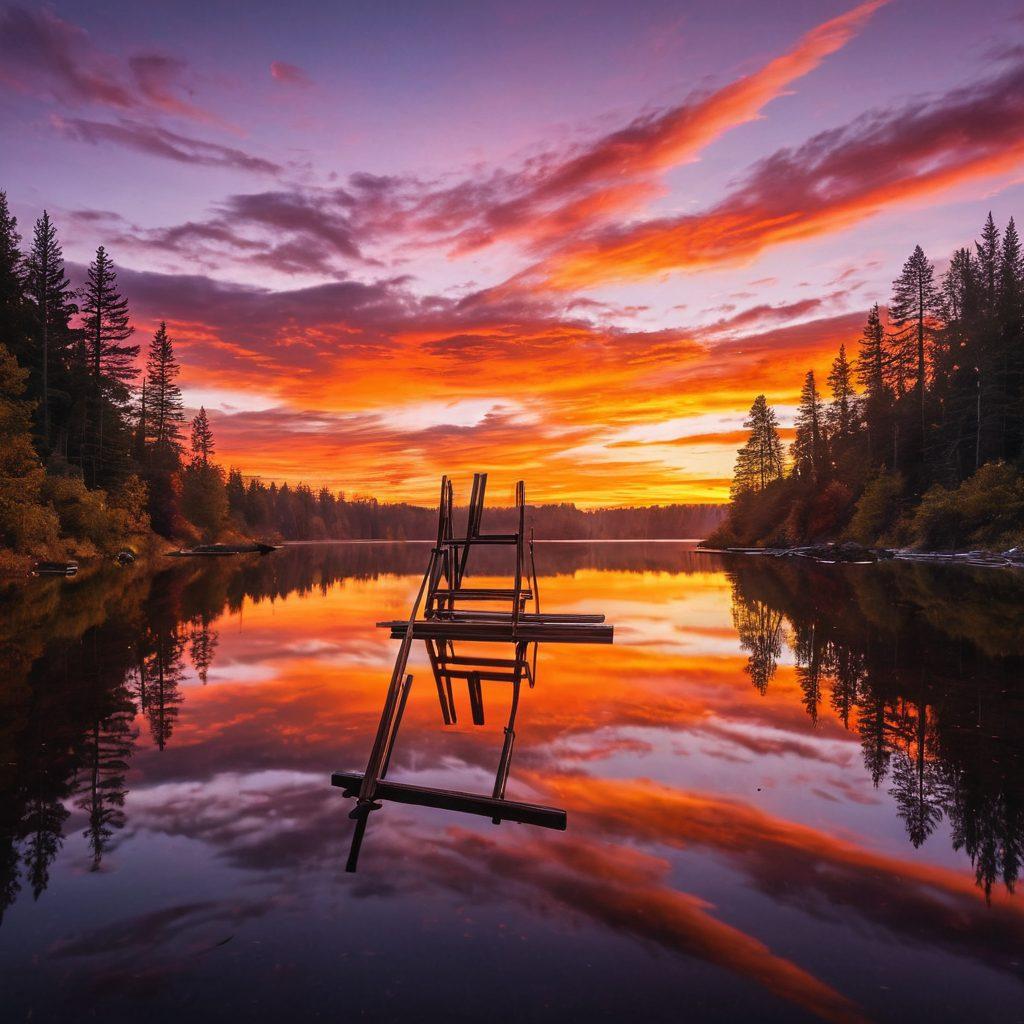 A captivating scene showcasing a professional photographer in action, capturing a stunning landscape at golden hour. Include a range of beautiful images displayed on easels, highlighting various photography techniques like composition and lighting. The background should feature a breathtaking sunset with vibrant colors reflecting on a serene lake. Emphasize the photographer's focused expression and the intricate details of the camera equipment. super-realistic. vibrant colors. nature backdrop.